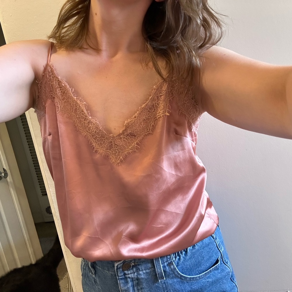 Forever 21 Rose Pink Satin Lace-Trim Cami